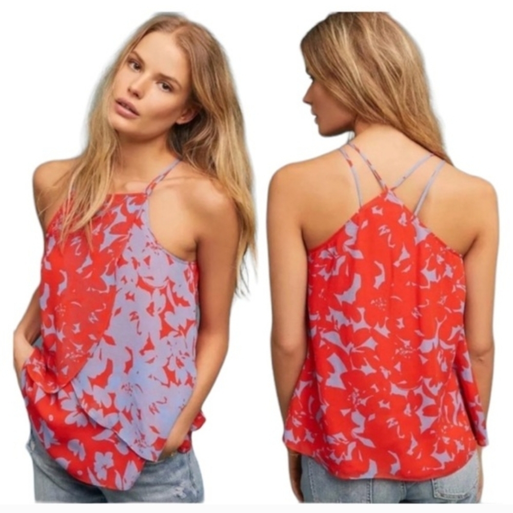 Maeve Anthropologie Red Blue Floral Tank Top | Criss Cross Straps | Size Large